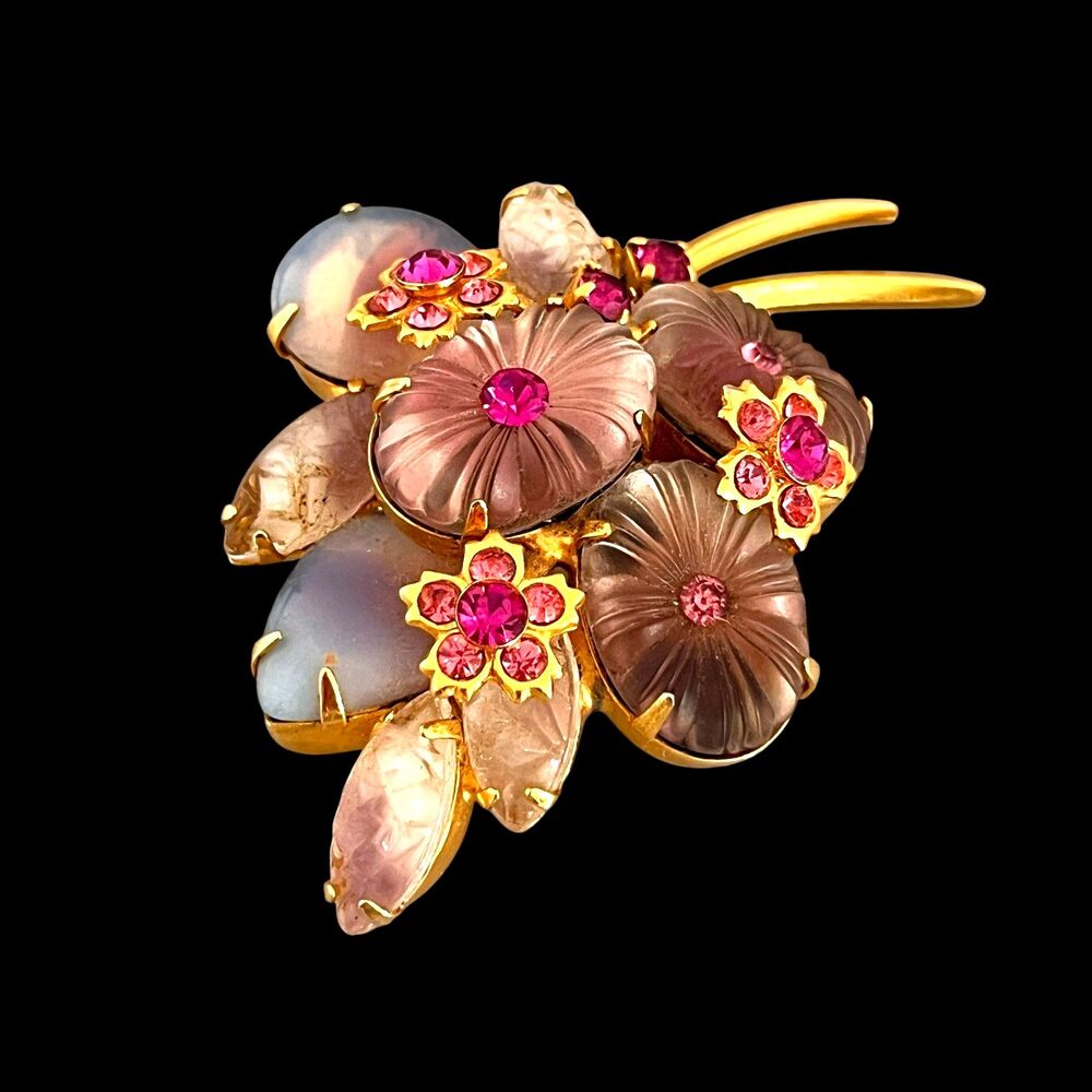 Vintage 1960s Brooch Art Glass Floral Spray Pink Rhinestone Mid Century - 7D